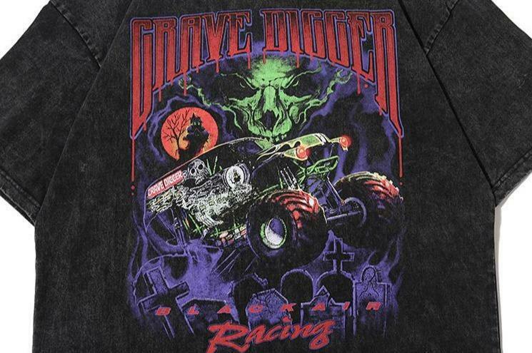 Vintage Vibe: BLACK AIR 'Grave Digger' Graphic Tee in Washed Cotton Jersey - Y2K Aesthetic Fashion