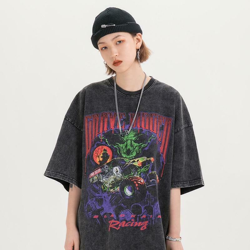 Vintage Vibe: BLACK AIR 'Grave Digger' Graphic Tee in Washed Cotton Jersey - Y2K Aesthetic Fashion