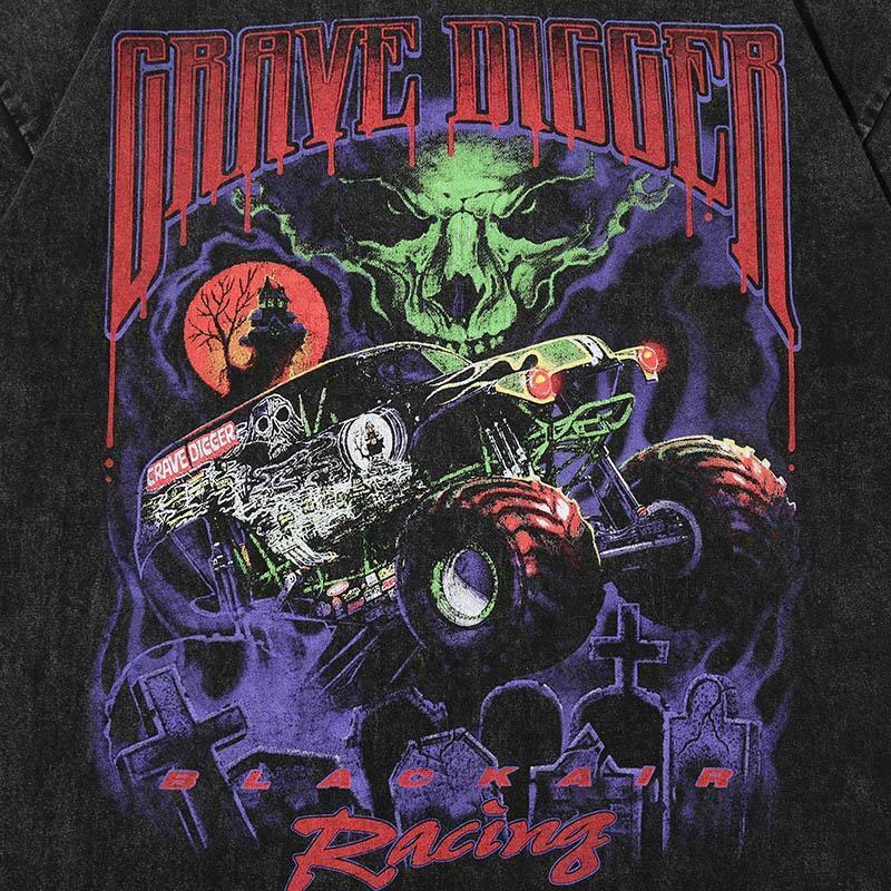 Vintage Vibe: BLACK AIR 'Grave Digger' Graphic Tee in Washed Cotton Jersey - Y2K Aesthetic Fashion