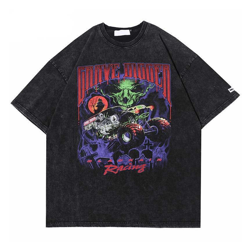 Vintage Vibe: BLACK AIR 'Grave Digger' Graphic Tee in Washed Cotton Jersey - Y2K Aesthetic Fashion