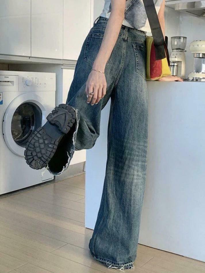 Vintage Wash Raw Trim High Rise Boyfriend Jeans - Y2K Aesthetic Denim for Women