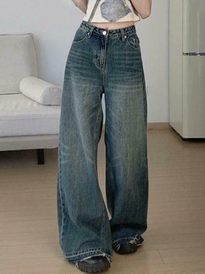 Vintage Wash Raw Trim High Rise Boyfriend Jeans - Y2K Aesthetic Denim for Women