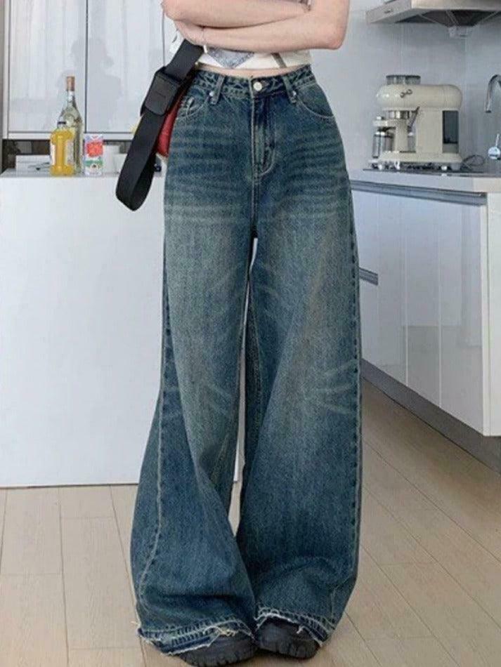 Vintage Wash Raw Trim High Rise Boyfriend Jeans - Y2K Aesthetic Denim for Women