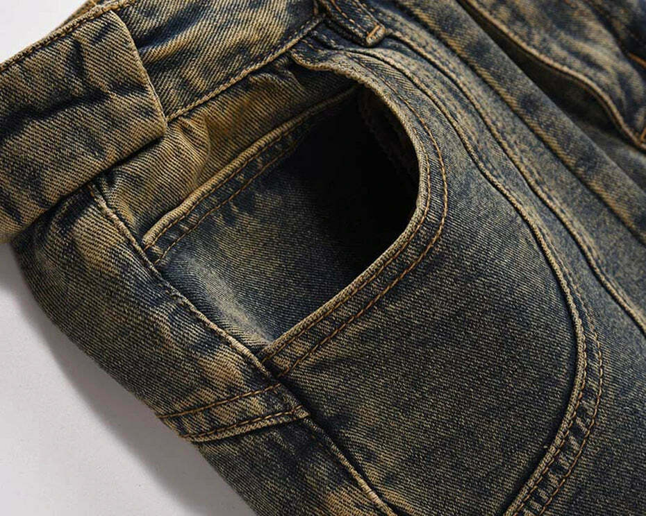 Vintage Wash Wavy Seam Jeans - Y2K Aesthetic Denim Skirt Set - Coquette Style Fashion