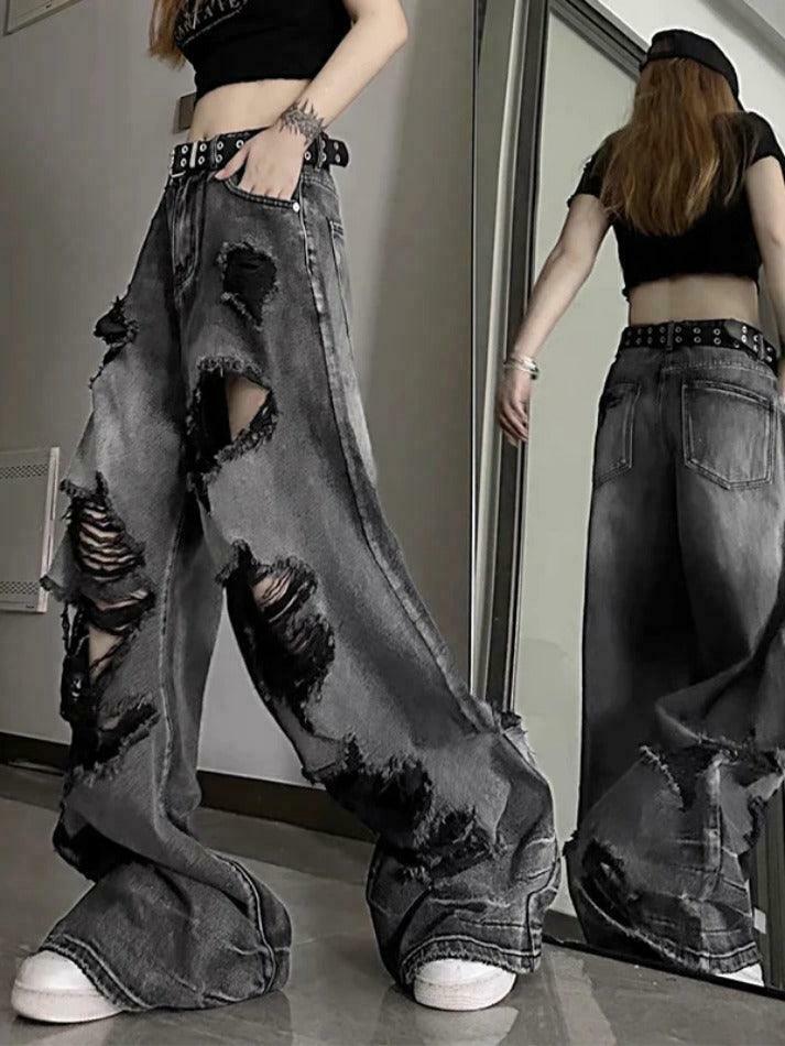 Vintage Washed Black Ripped Boyfriend Jeans - Y2K Aesthetic - Coquette Style -