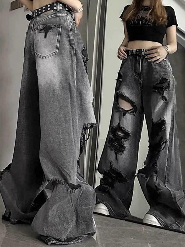 Vintage Washed Black Ripped Boyfriend Jeans - Y2K Aesthetic - Coquette Style -