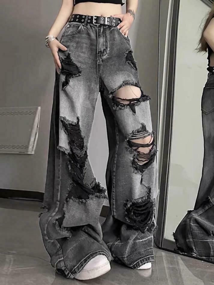 Vintage Washed Black Ripped Boyfriend Jeans - Y2K Aesthetic - Coquette Style -