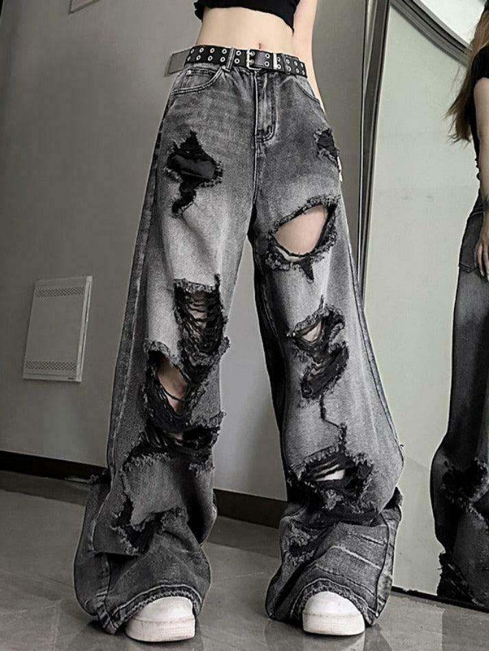 Vintage Washed Black Ripped Boyfriend Jeans - Y2K Aesthetic - Coquette Style -