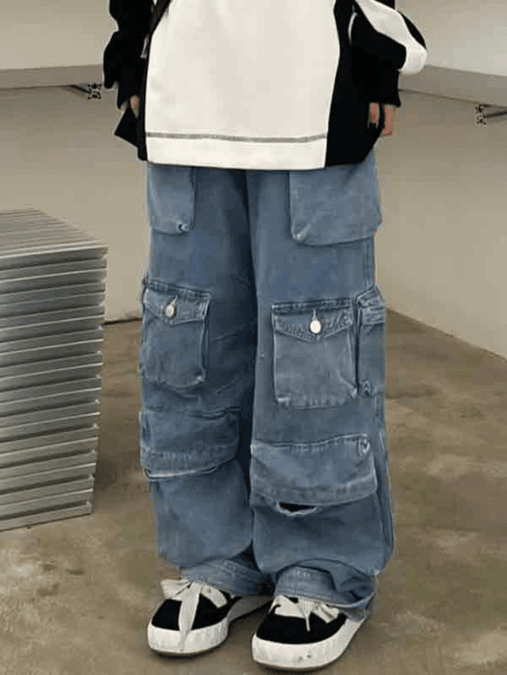 Vintage Washed Cargo Boyfriend Jeans with Multiple Pockets - Y2K Aesthetic Fashion Staple