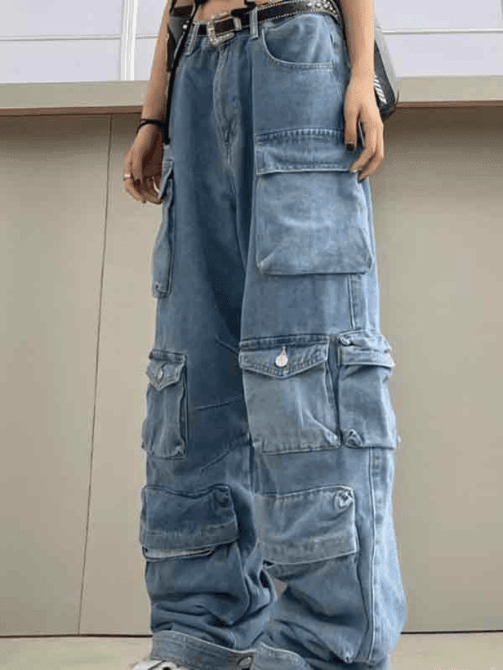 Vintage Washed Cargo Boyfriend Jeans with Multiple Pockets - Y2K Aesthetic Fashion Staple