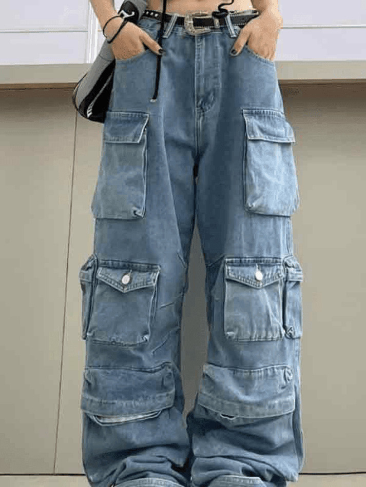 Vintage Washed Cargo Boyfriend Jeans with Multiple Pockets - Y2K Aesthetic Fashion Staple