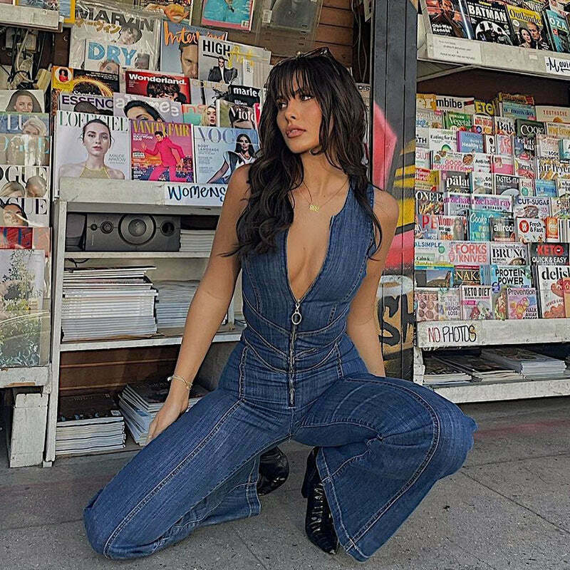 Vintage Washed Denim Jumpsuit: Y2K Fashion Statement with Retro High Waist Style