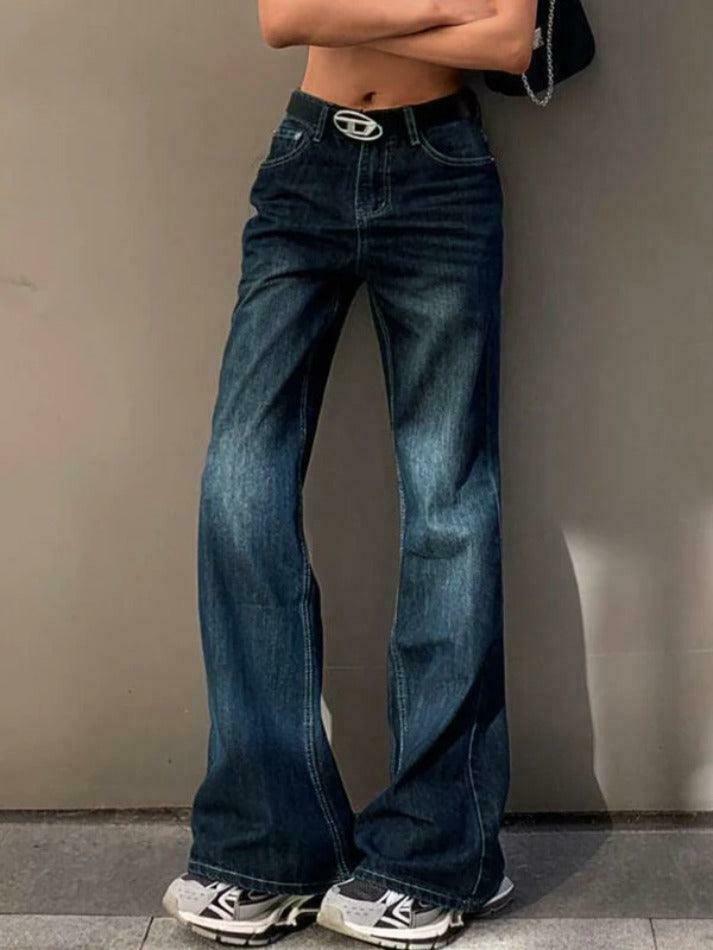 Vintage Washed Distressed Flare Jeans for Y2K Fashion Enthusiasts