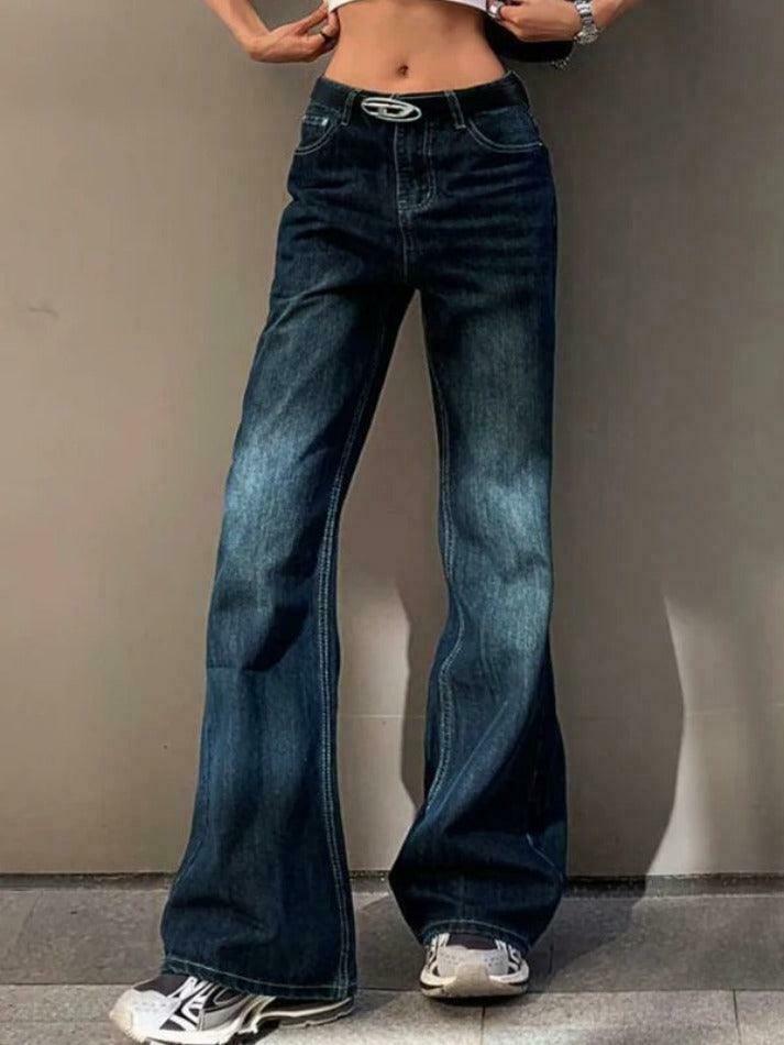 Vintage Washed Distressed Flare Jeans for Y2K Fashion Enthusiasts