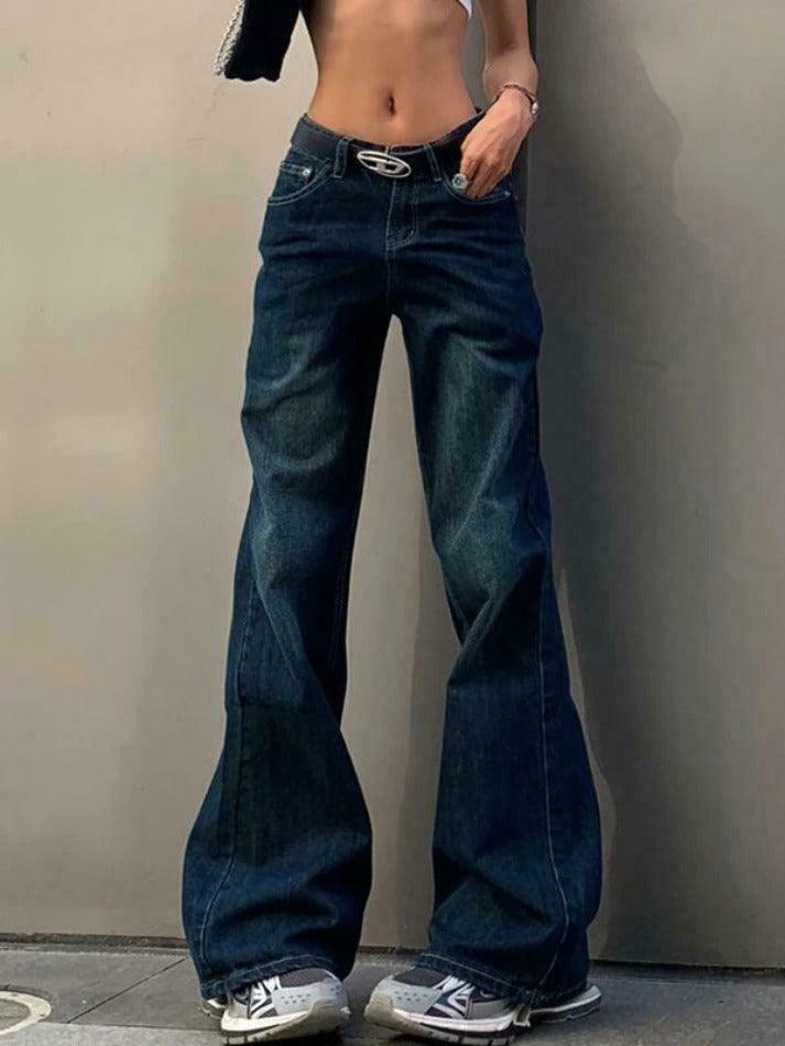Vintage Washed Distressed Flare Jeans for Y2K Fashion Enthusiasts
