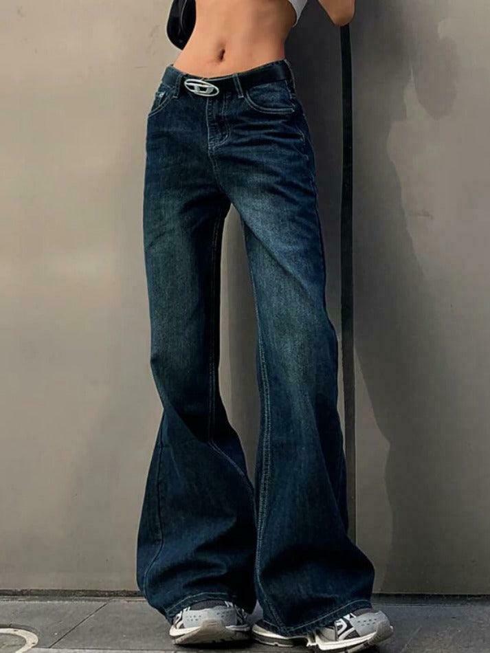 Vintage Washed Distressed Flare Jeans for Y2K Fashion Enthusiasts