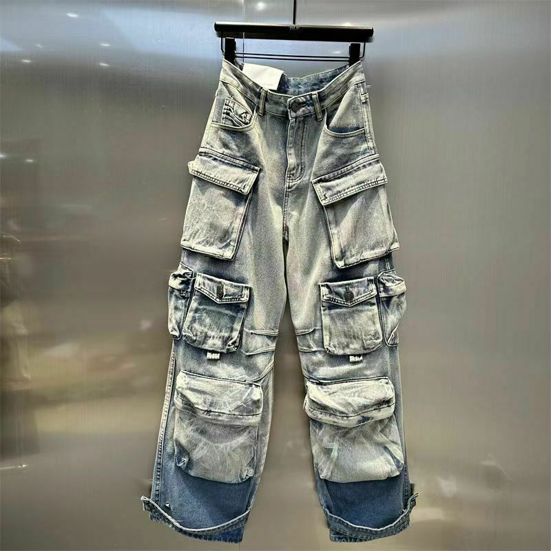 Vintage Washed Gradient Paratrooper Jeans for Niche Women's Y2K Fashion