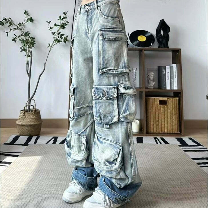 Vintage Washed Gradient Paratrooper Jeans for Niche Women's Y2K Fashion
