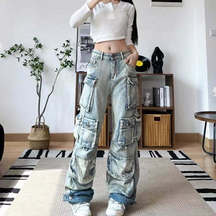 Vintage Washed Gradient Paratrooper Jeans for Niche Women's Y2K Fashion