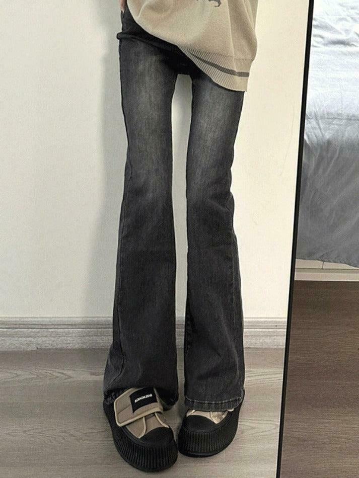 Vintage Washed High Rise Slim Flare Jeans - Y2K Aesthetic Coquette Grunge Style