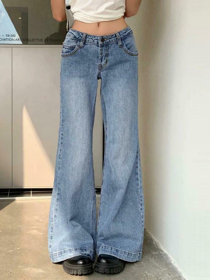 Vintage Washed Low Waist Mopping Boyfriend Jeans for Women - Y2K Fashion Aesthetic