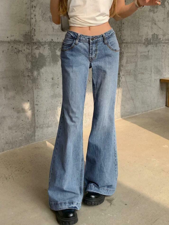 Vintage Washed Low Waist Mopping Boyfriend Jeans for Women - Y2K Fashion Aesthetic