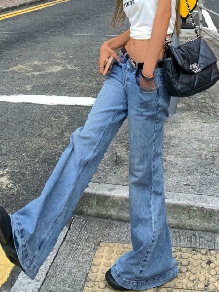 Vintage Washed Low Waist Mopping Boyfriend Jeans for Women - Y2K Fashion Aesthetic