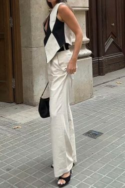 Vintage Y2K Aesthetic Cargo Skirt Set with Checkered Vest and Trousers Suit
