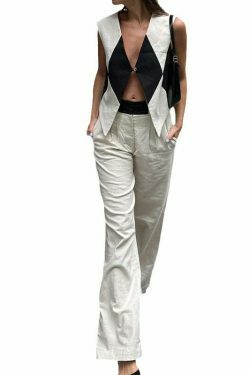Vintage Y2K Aesthetic Cargo Skirt Set with Checkered Vest and Trousers Suit