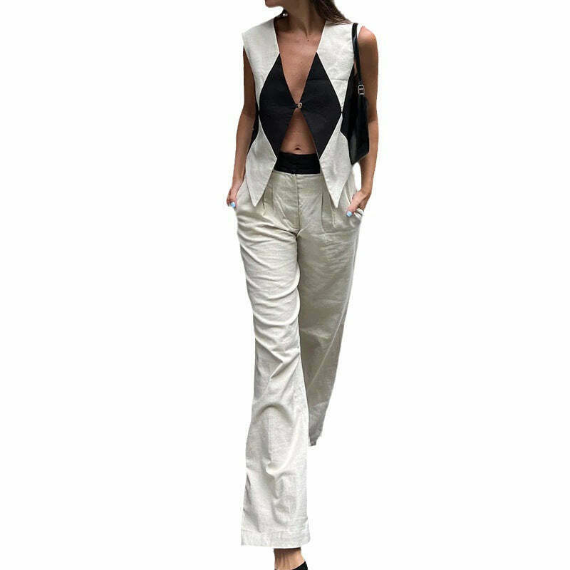 Vintage Y2K Aesthetic Cargo Skirt Set with Checkered Vest and Trousers Suit