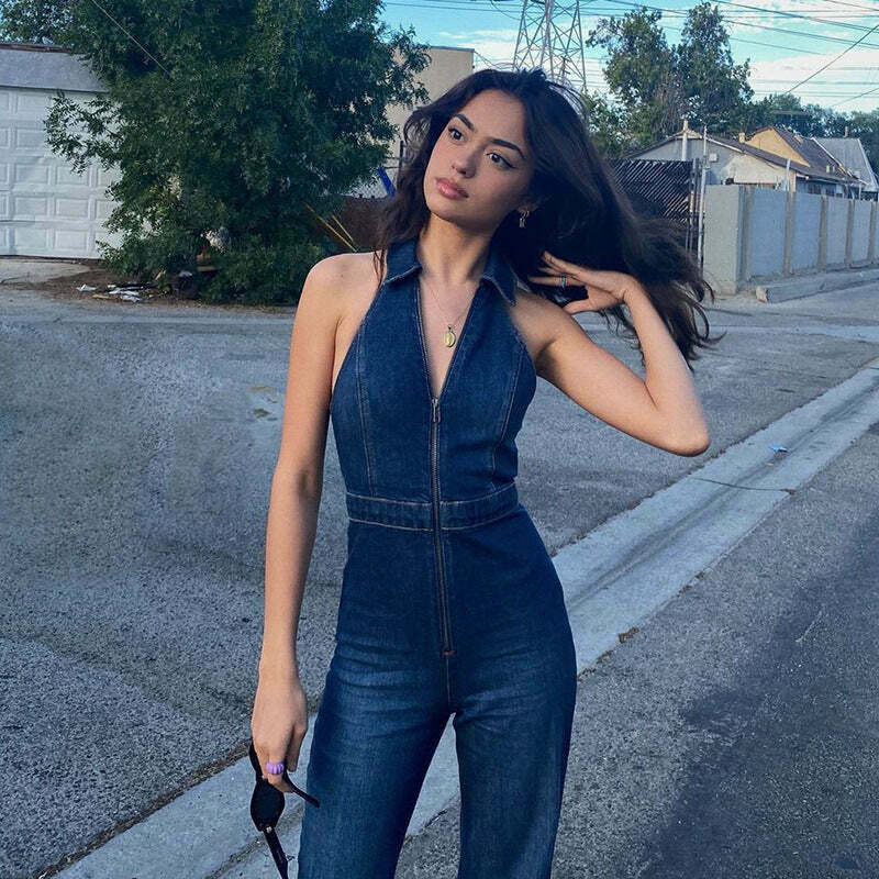 Vintage Y2K Aesthetic Cargo Skirt with Coquette Style and Grunge Vibes - Retro Slim Denim Jumpsuit