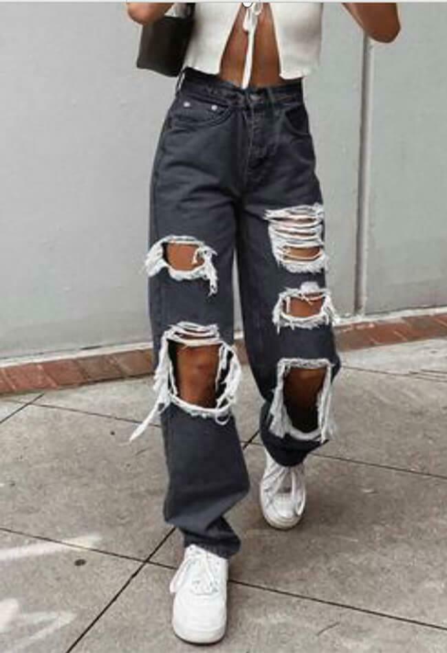 Vintage Y2K Aesthetic Cargo Skirt with Ripped High Waist Boyfriend Jeans