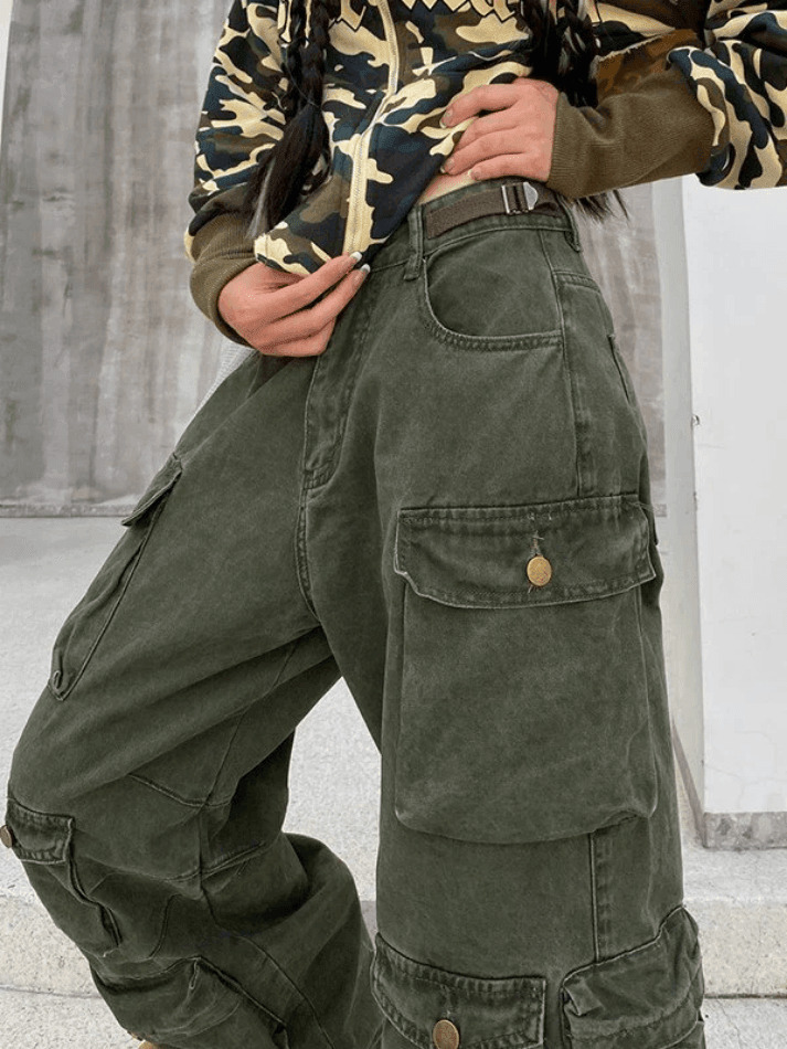 Vintage Y2K Cargo Jeans for Women - Coquette Aesthetic, Grunge Style, Pastel Goth Fashion