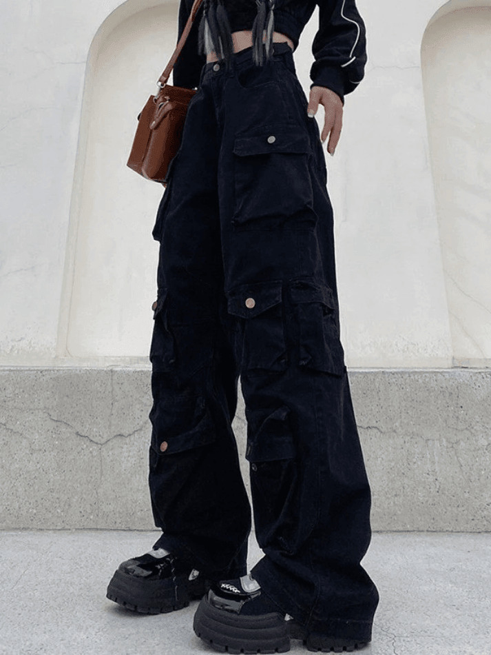 Vintage Y2K Cargo Jeans for Women - Coquette Aesthetic, Grunge Style, Pastel Goth Fashion
