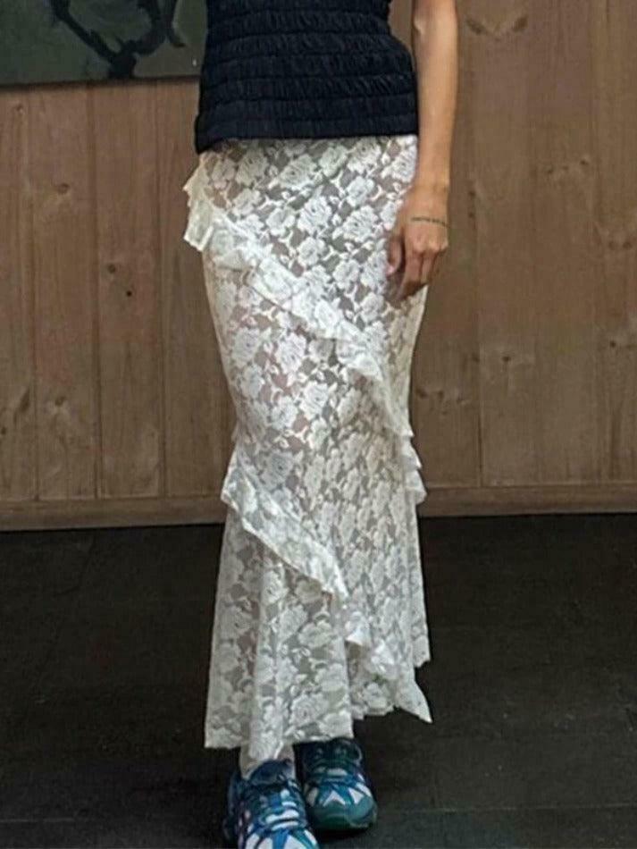 Vintage Y2K Lace Midi Skirt - Coquette Aesthetic, Grunge Style, Pastel Goth