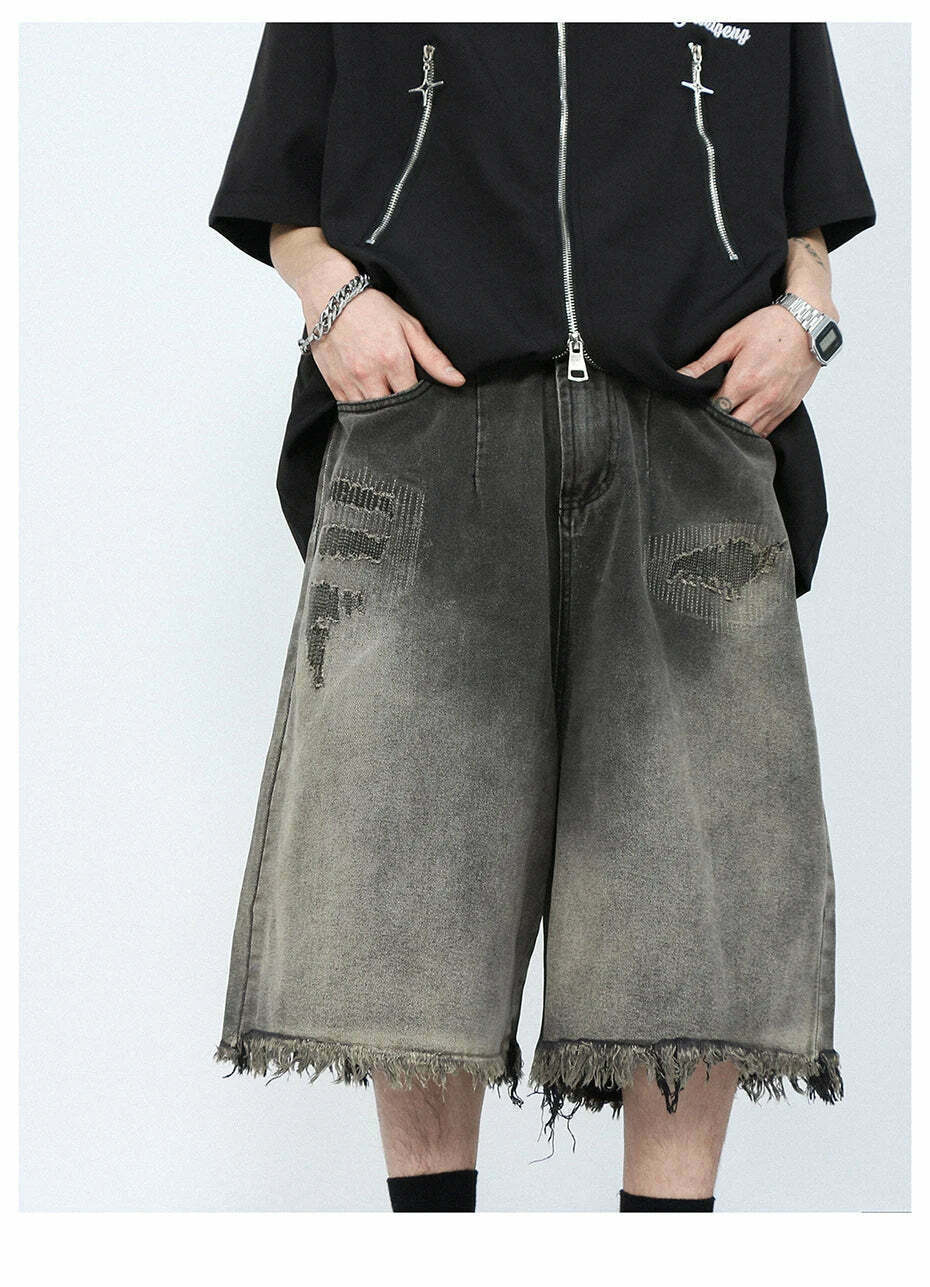 Vintage Y2K Style Extreme Wash Frayed Denim Cargo Skirt