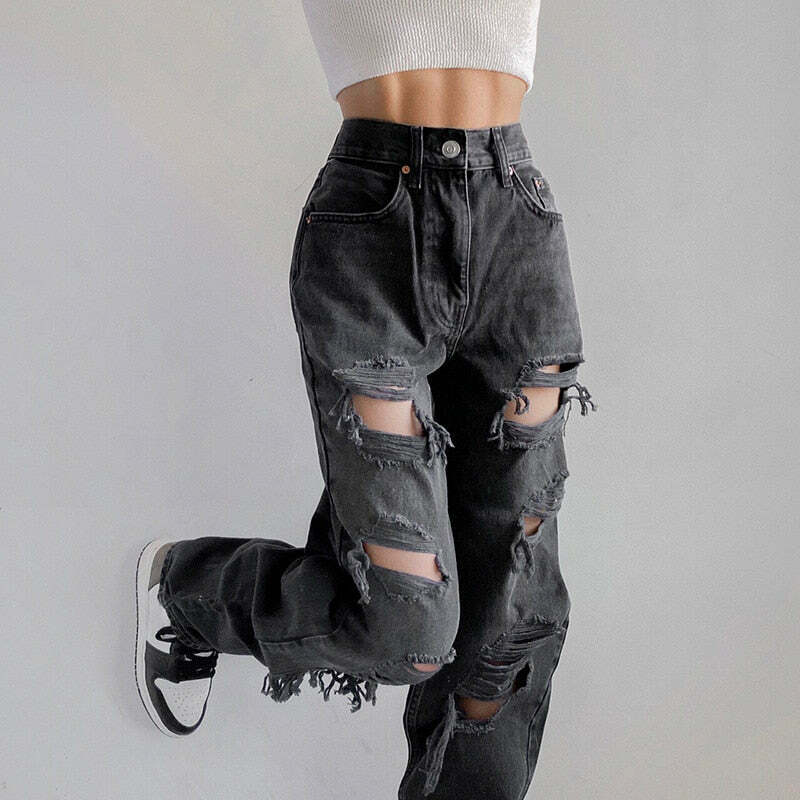 Vintage Y2K Style: Ripped Baggy Jeans - Coquette Aesthetic, Grunge Vibes, Pastel Goth