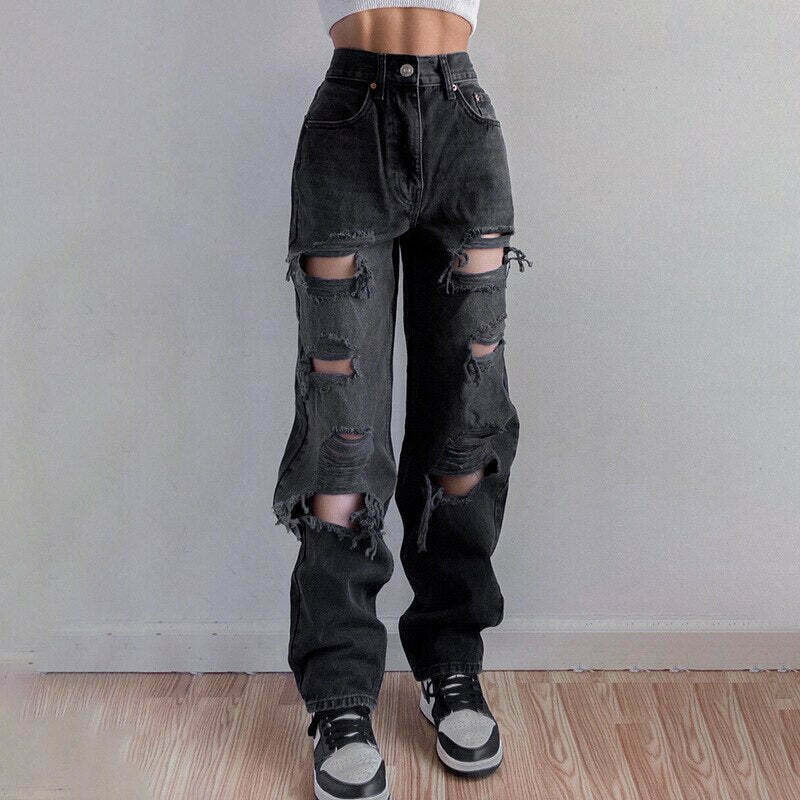 Vintage Y2K Style: Ripped Baggy Jeans - Coquette Aesthetic, Grunge Vibes, Pastel Goth