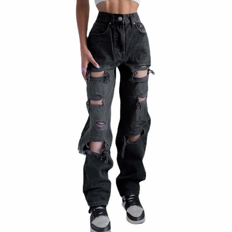 Vintage Y2K Style: Ripped Baggy Jeans - Coquette Aesthetic, Grunge Vibes, Pastel Goth