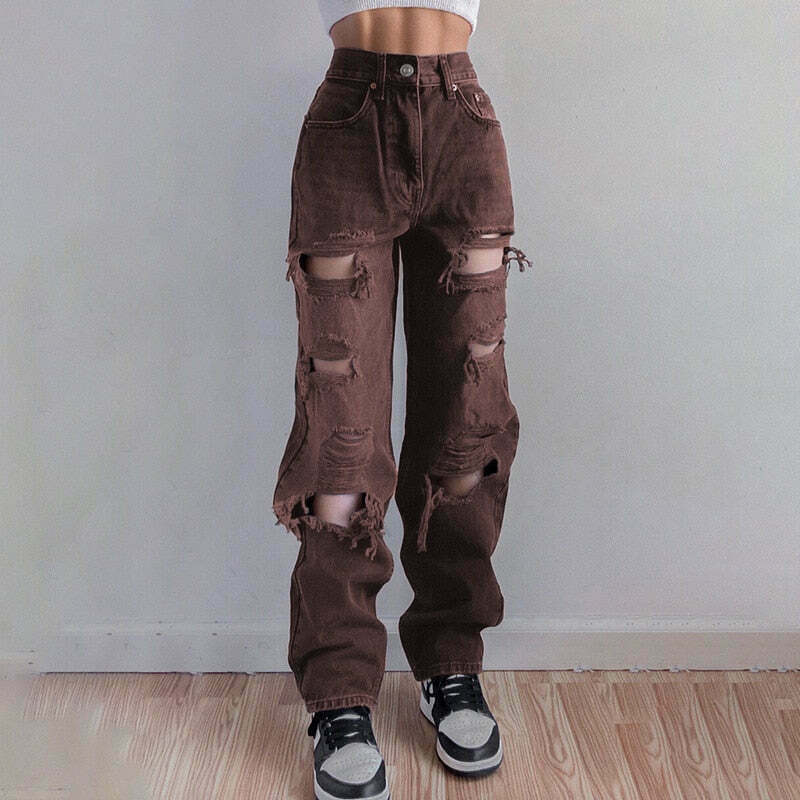Vintage Y2K Style: Ripped Baggy Jeans - Coquette Aesthetic, Grunge Vibes, Pastel Goth