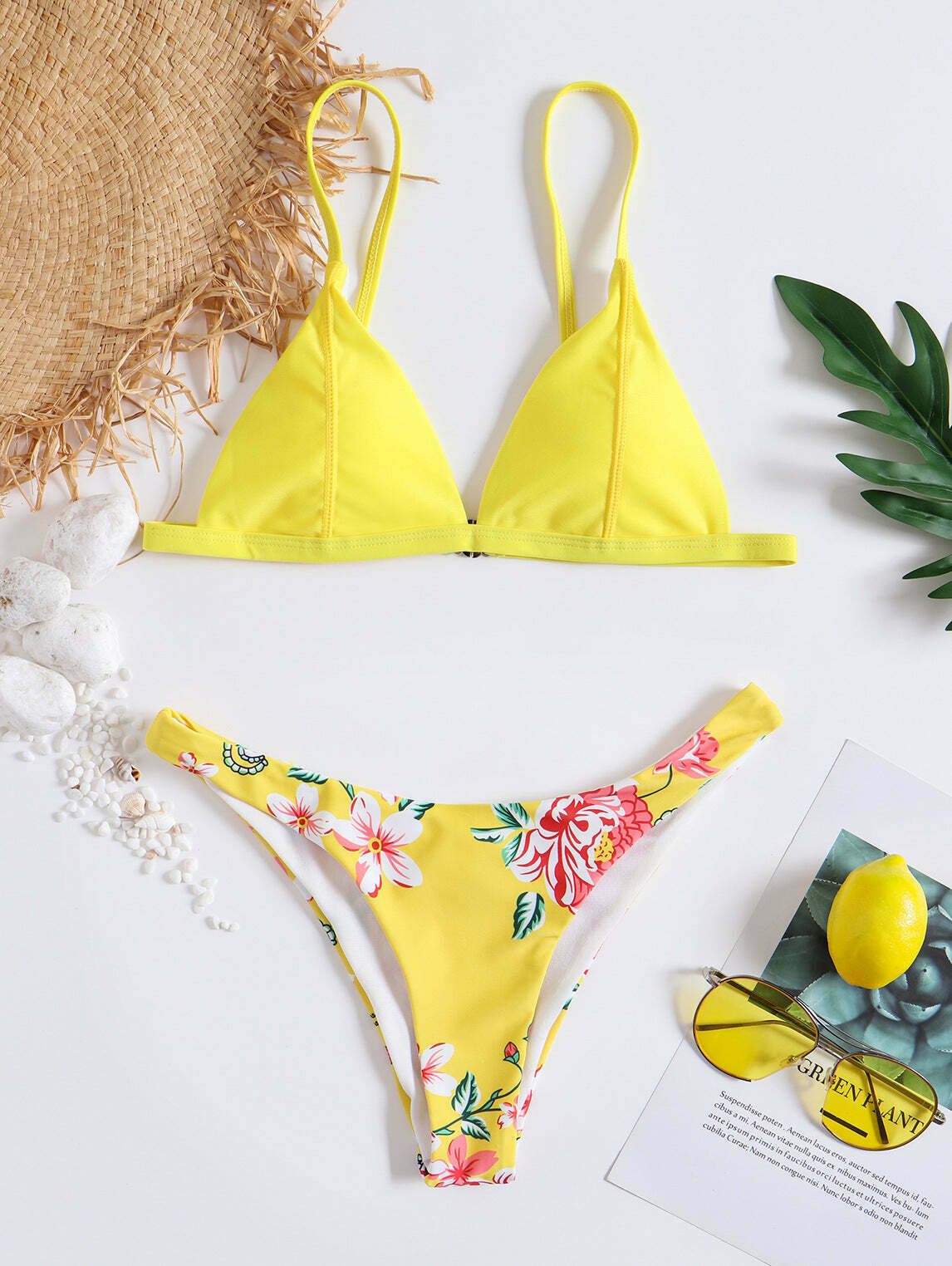 Vintage Yellow Floral Bandeau Bikini Set - Y2K Fashion Swimwear for Women