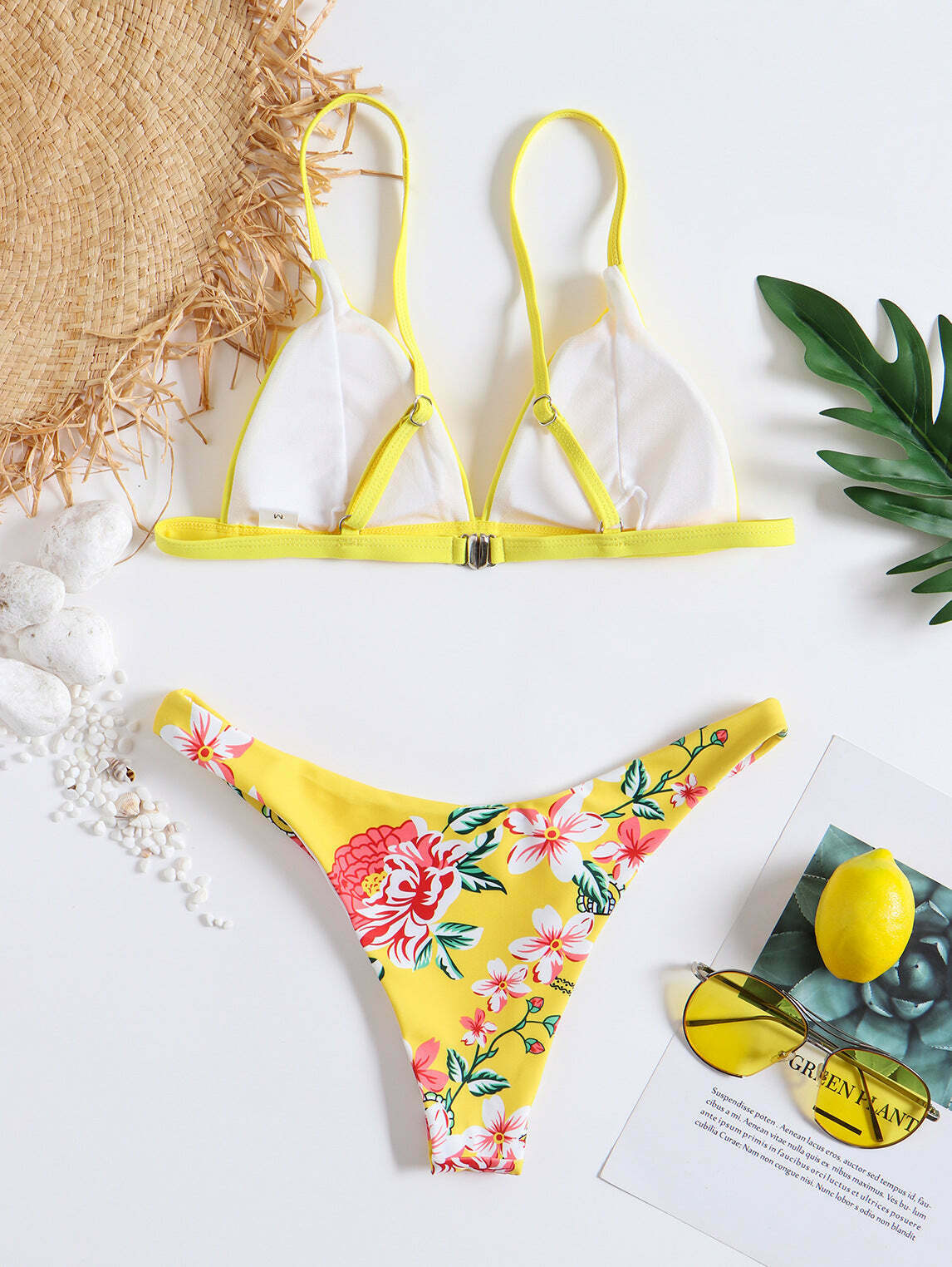 Vintage Yellow Floral Bandeau Bikini Set - Y2K Fashion Swimwear for Women