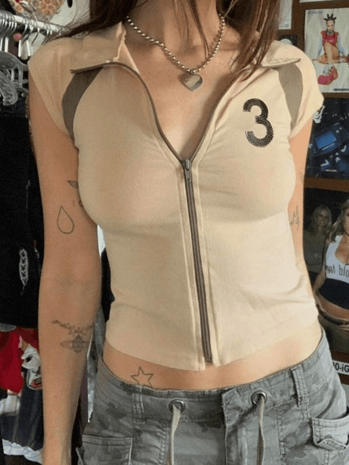 Vintage Zip Up Crop Top - Y2K Aesthetic Grunge Style Coquette Fashion Women's Clothing