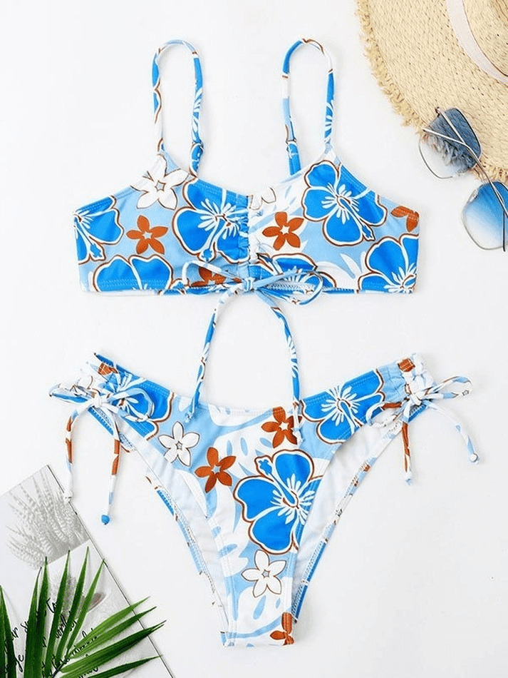 Wave Floral Print Bikini Set for Y2K Fashion Enthusiasts - Coquette Aesthetic Swimwear