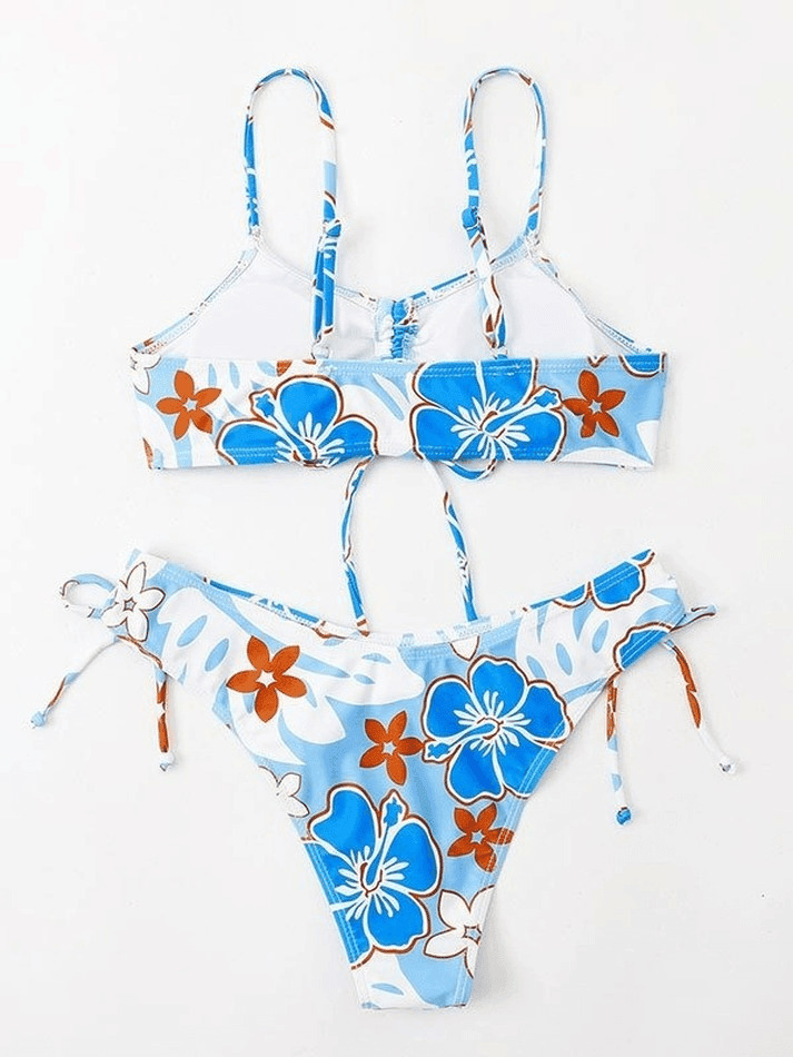 Wave Floral Print Bikini Set for Y2K Fashion Enthusiasts - Coquette Aesthetic Swimwear