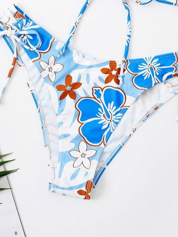 Wave Floral Print Bikini Set for Y2K Fashion Enthusiasts - Coquette Aesthetic Swimwear
