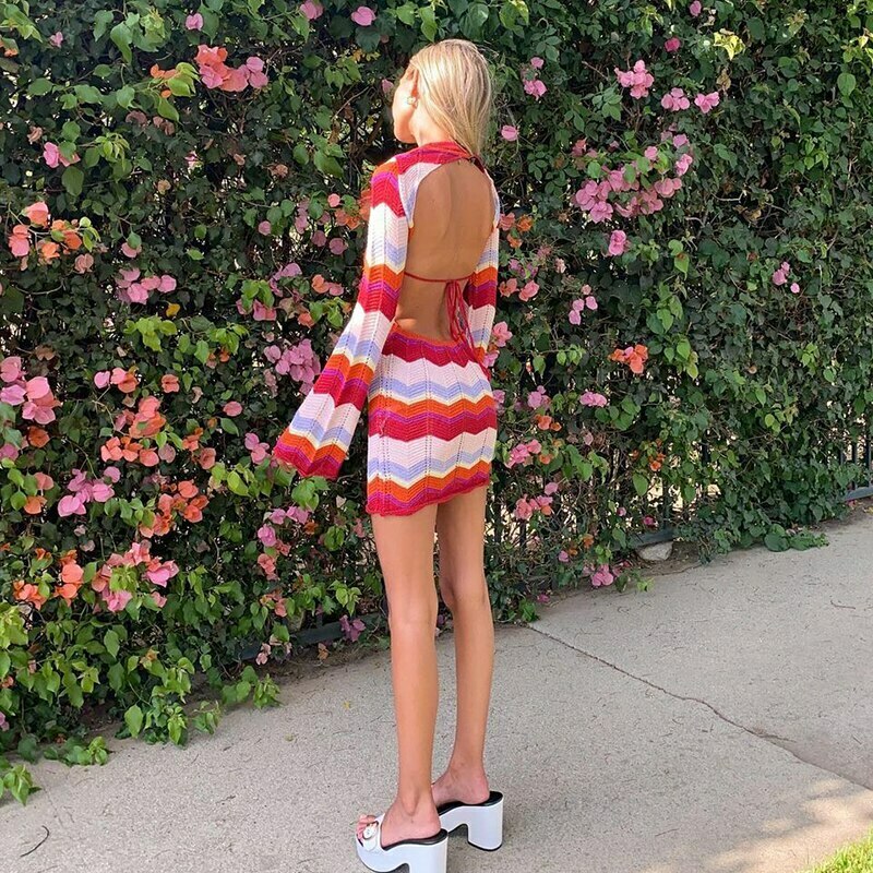 Wave Knitted Backless Red Mini Dress - Y2K Fashion Aesthetic - Coquette Grunge Outfit