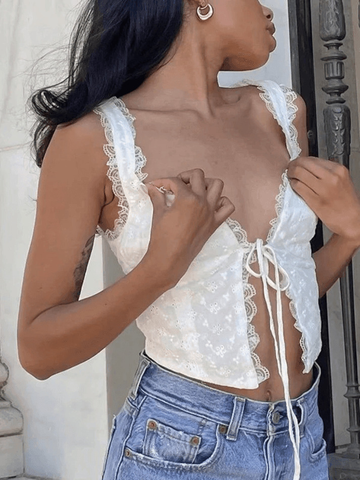 White Lace Cropped Tank: Y2K Fashion Coquette Aesthetic - Grunge Style Cute Tops for Women