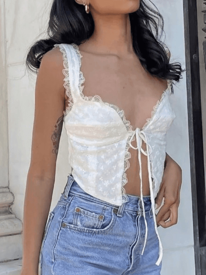 White Lace Cropped Tank: Y2K Fashion Coquette Aesthetic - Grunge Style Cute Tops for Women