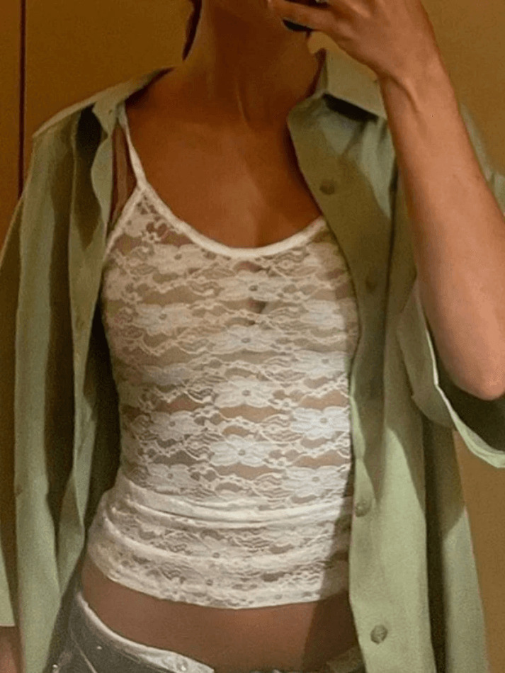 White Sheer Lace Crop Cami: Y2K Fashion Coquette Aesthetic - Grunge Style Cute Tops for Women